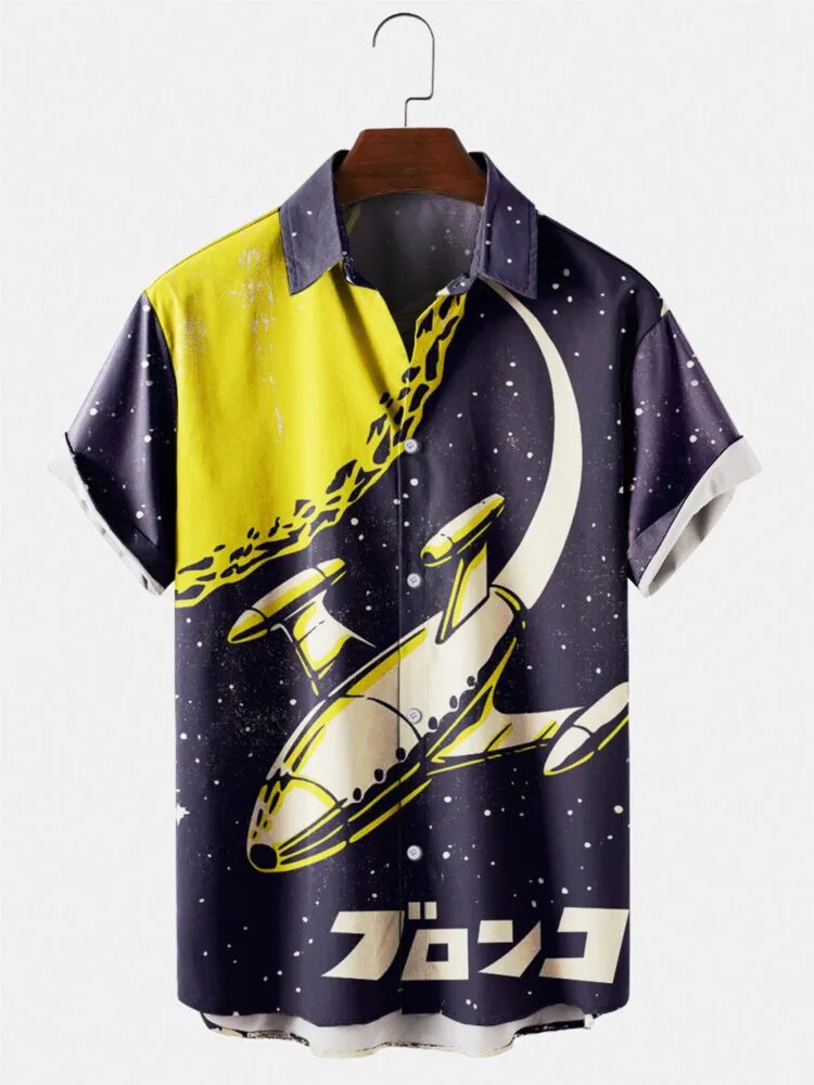 

Новые повседневные Рубашки, Топы с коротким рукавом с рисунком ракеты, стильные летние рубашки на одной пуговице для мужчин и женщин