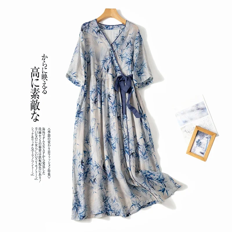 

Sky Blue Print Vintage Linen Thin Lace Up V-Neck Women's Dress Half Sleeve A-Line Mid-Calf Dresses For Women Spring Summer V160