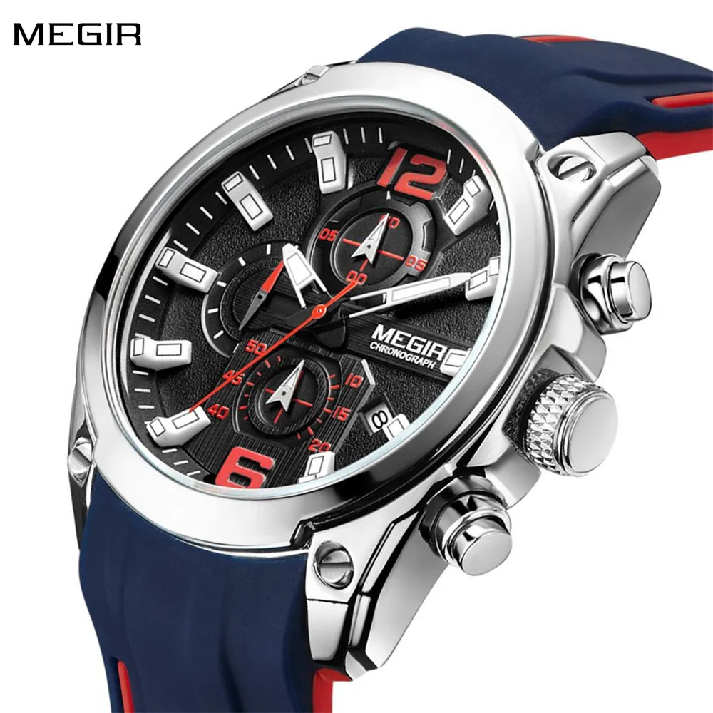 Megir relógio esportivo masculino com pulseira de silicone, quartzo, militar, à prova d'água, com cronógrafo, para homens