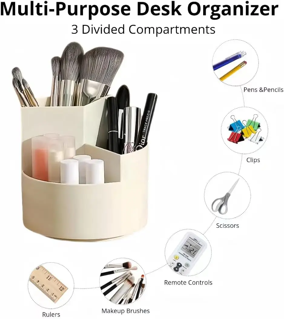 Makeup Organizer 360 Rotating Pencil Pen Holder 3 Slot for Desk Table Vanity Countertops
