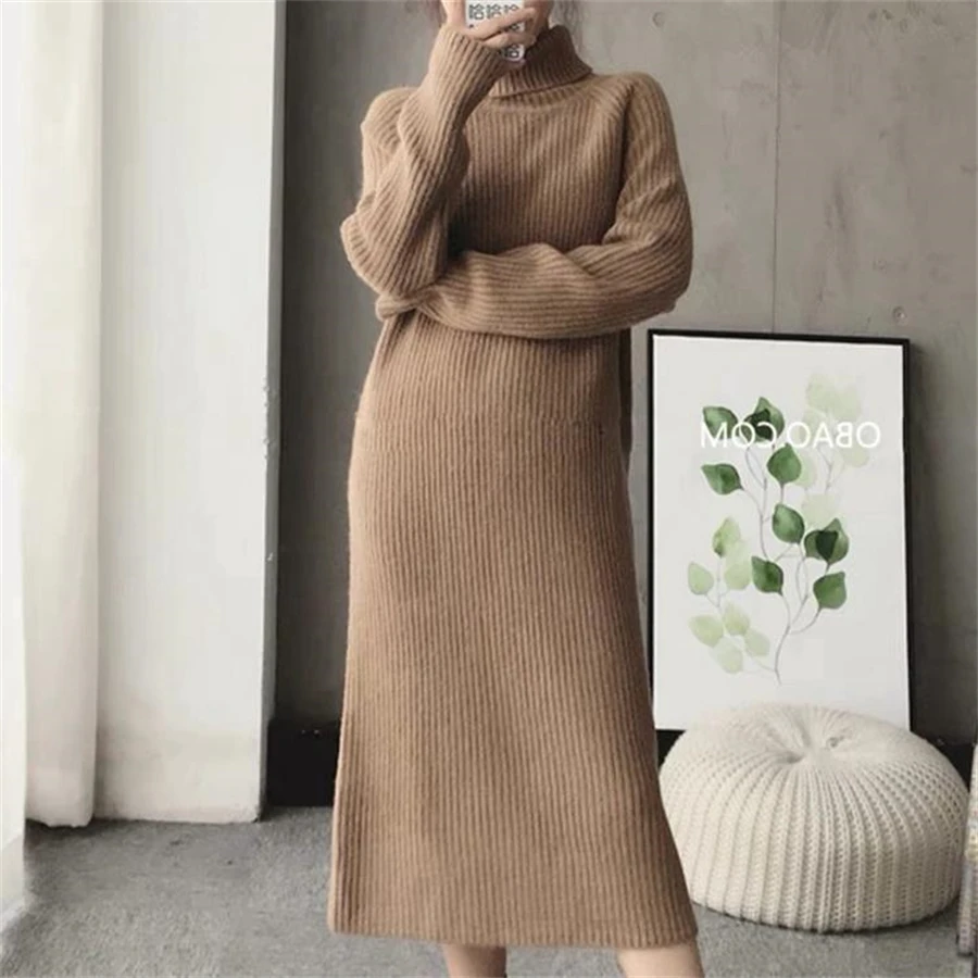 Turtleneck Loose Knitted Sweater Dress Korean Knitwear Long Dresses Thick Elegant Casual Vestidos Women Fall Winter New Robe
