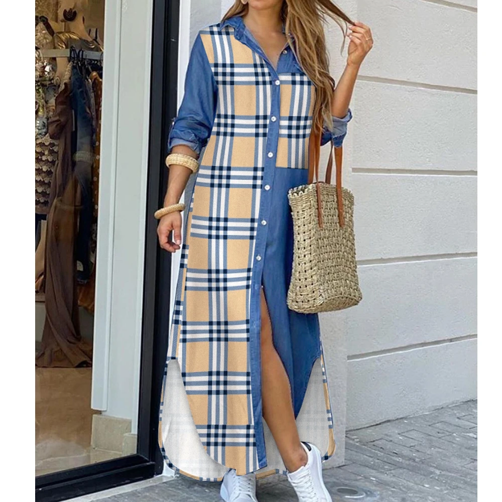 

Wepbel Plaid Long Patchwork Shirt Dress Women Long Sleeve Loose Cardigan Dress Summer Fashion Buttoned Slit Shirt Dresss