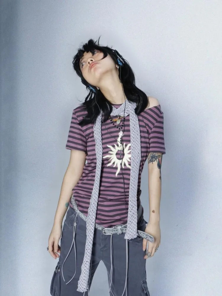 

HOUZHOU гранж винтажная уличная одежда футболки для женщин японская мода фиолетовые полосы панк хип-хоп свободные футболки Топы лето 2024 Y2k