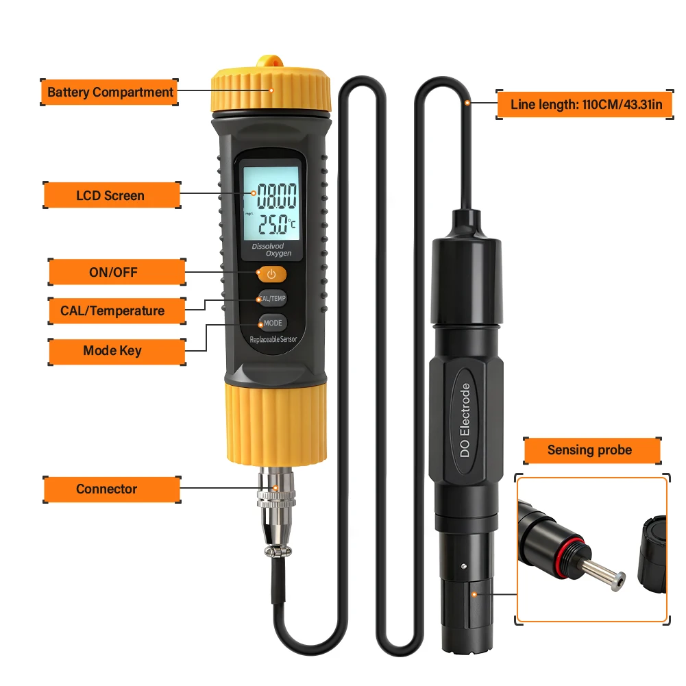 Portable Dissolved Oxygen Meter DO Tester with Replaceable Probe ATC 0-20mg/L Wa