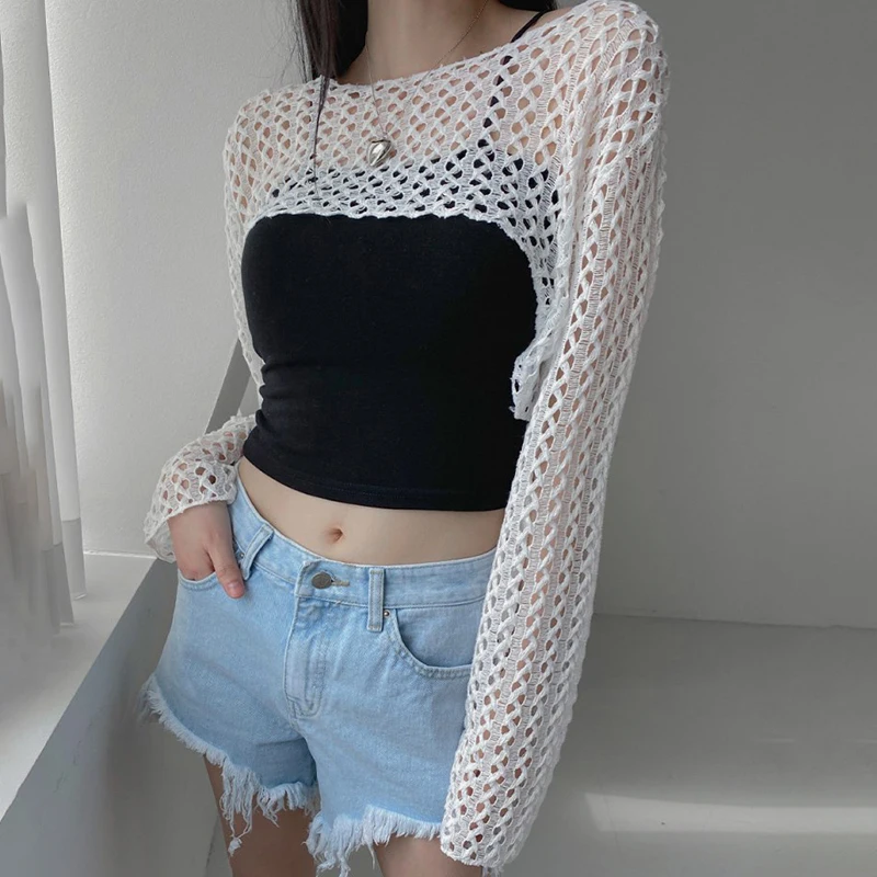 CIBBAR Allentato Scava Fuori I Fori Crop Top Streetwear Y2k Solido Manica Piena A Rete Crop Top Grembiule Donna Casual Coreano980_voghion.com