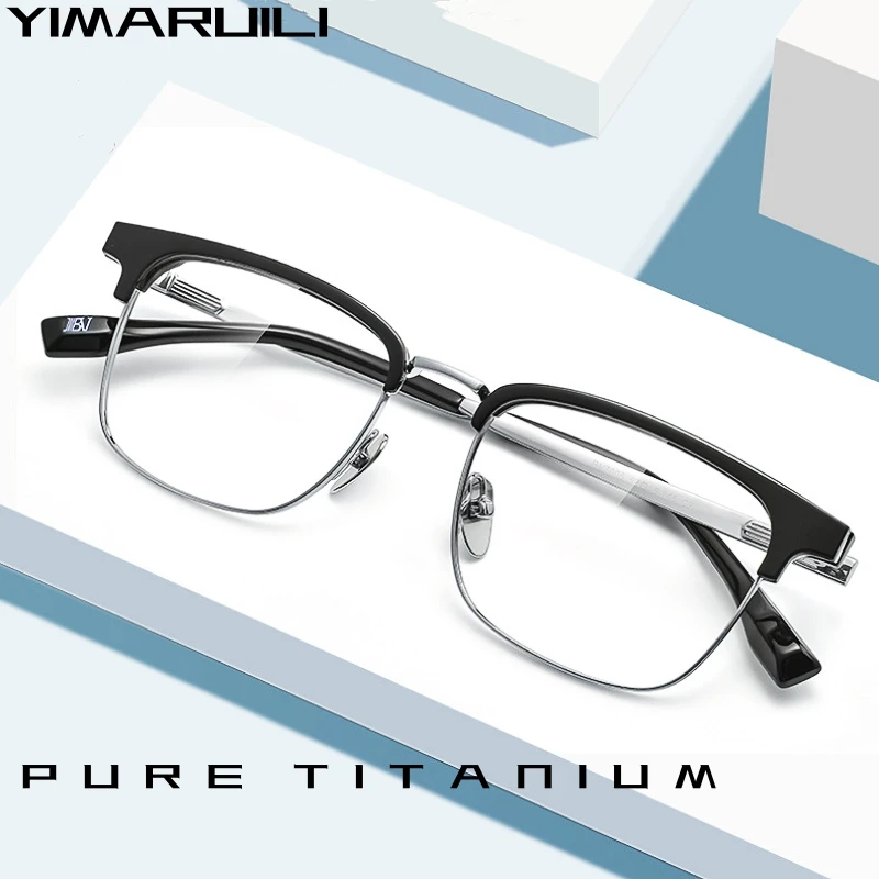 

YIMARUILI New Ultra-light Business Myopia Acetate Eyewear Square Pure Titanium Optical Prescription Eyeglasses Frame Men BV7005V