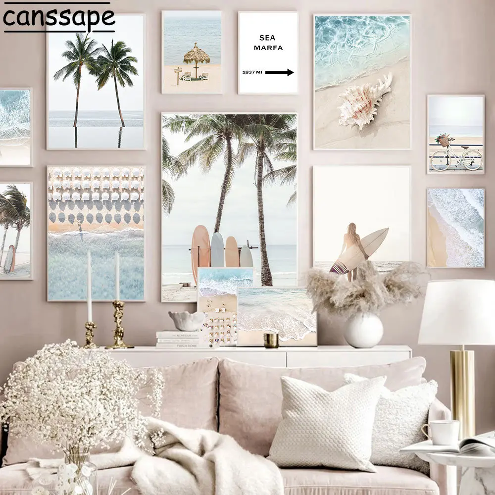

Seascape Wall Poster Surfboard Art Prints Coconut Tree Canvas Painting Beach Print Pictures Nordic Wall Art Living Room Decor