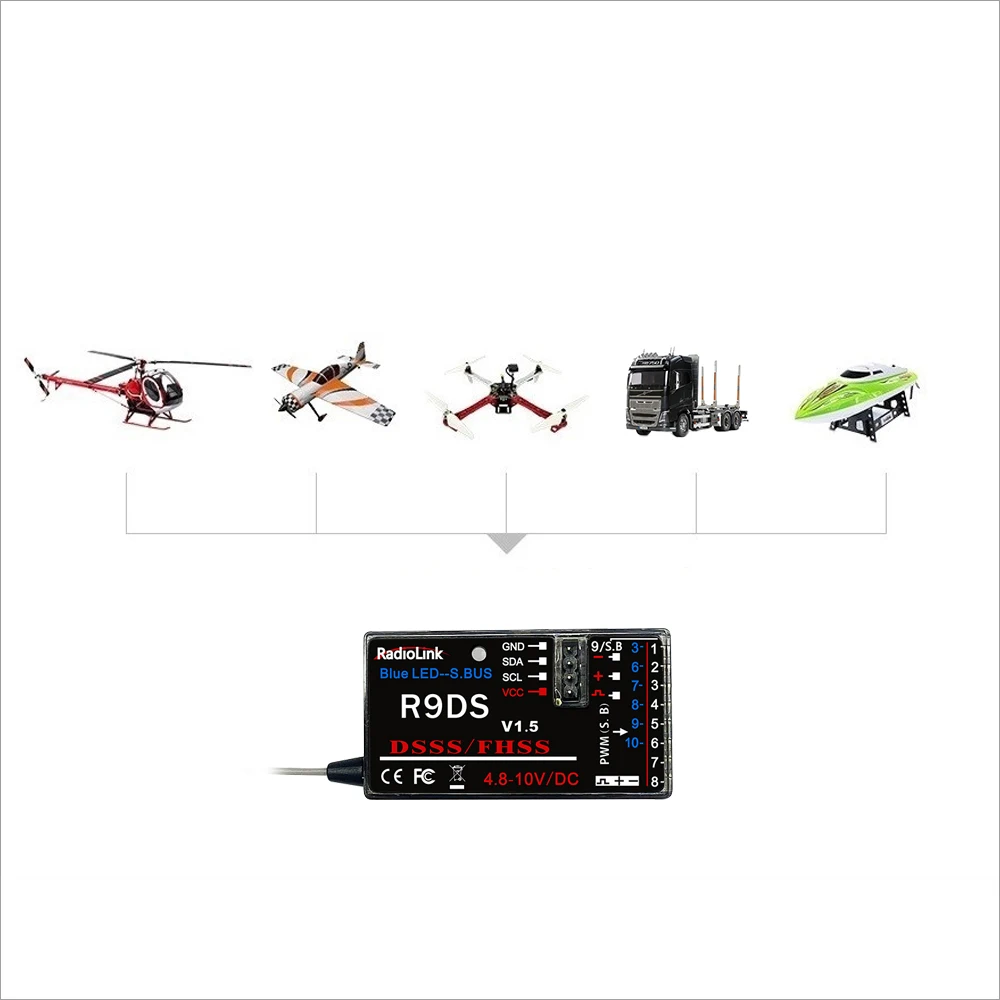 Récepteur Radiolink R6DS compact pour drone RC, connecteurs visibles.