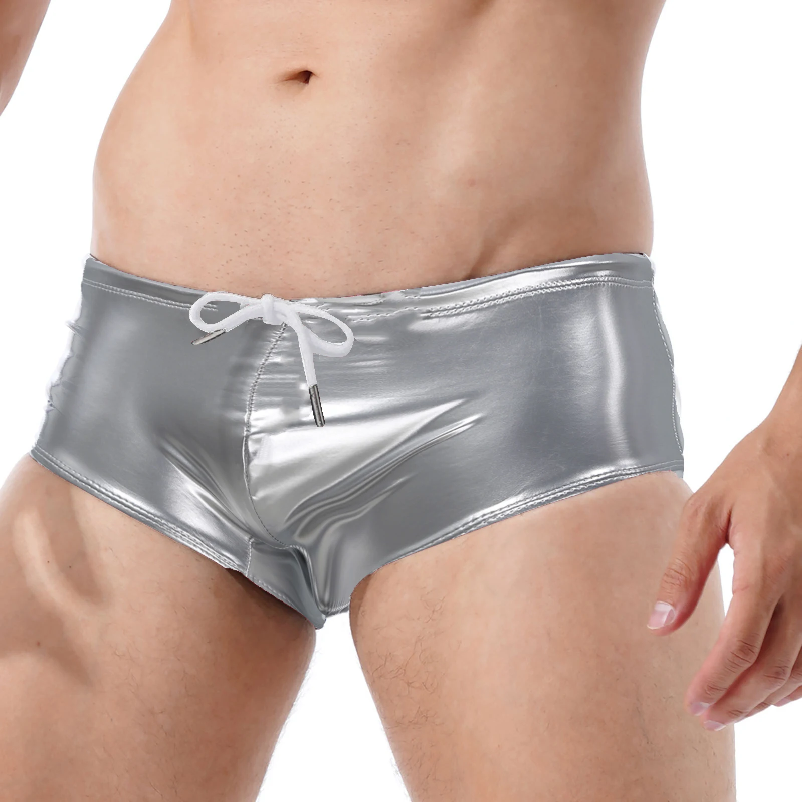 thumbnail image 1 of Bañador de verano a la moda para hombre, de talle bajo y brillante, de charol, con leotardo, pantalones cortos ajustados, tipo bóxer con cordón, 1 of 5