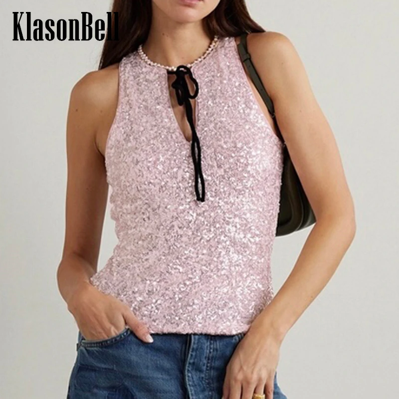 

3.20 KlasonBell Women Clothes Embroidery Sequins Mesh Camis Temperament Sweet Pink Bowknot Hollow Out Sleeveless Tank Top