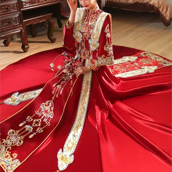New satin Hanfu wedding dress Chinese-style gown phoenix crown and red cape