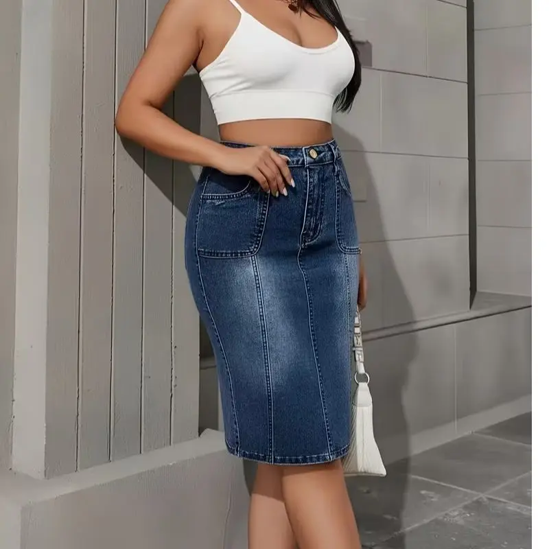 Women's Simple Basic Denim Skirt, High-Waisted, Tummy-Tucking, Butt-Lifting, Slimming, Height-Enhancing, Fashionable and Versatile for All Seasons, Bodycon Skirt 2