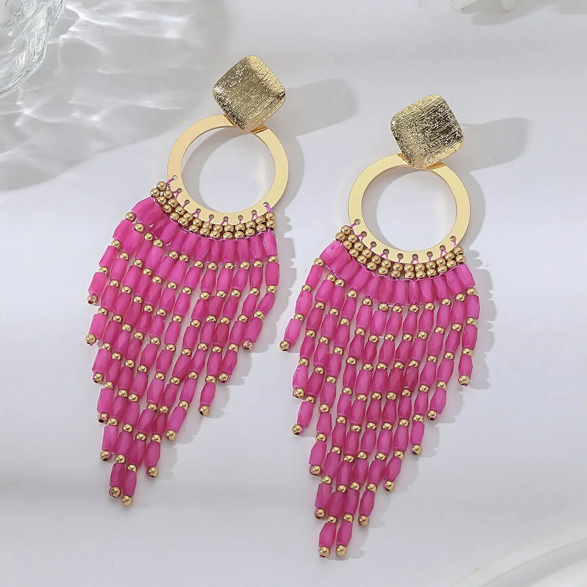 Bohemian Ethnic Crystal Beads Long Tassel Earrings for Women Vintage Elegant Geometric Metal Drop Earrings Handmade Jewelry Gift