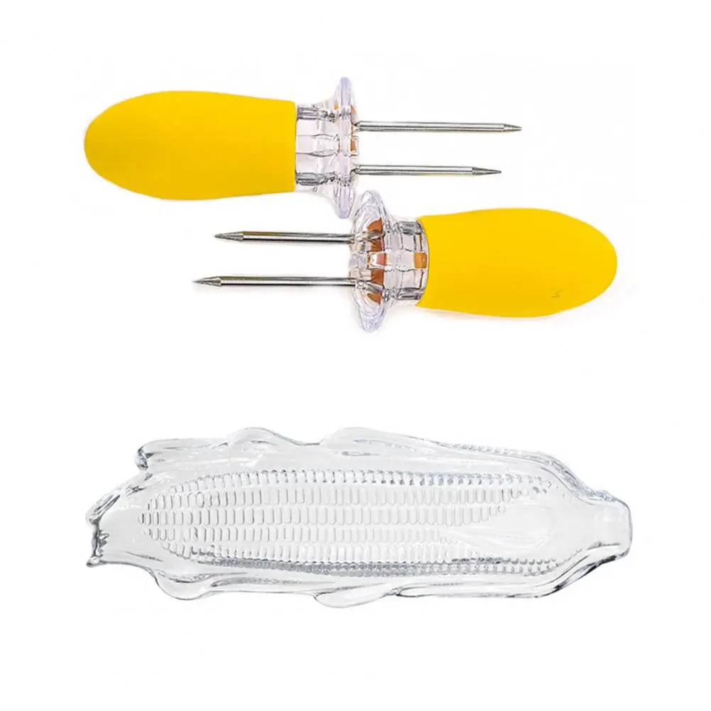 Transparent Corn Trays Fork Corn Skewer Stainless Steel Holders On The Cob Skewers Fruit Forks Outdoor Barbecue Tool