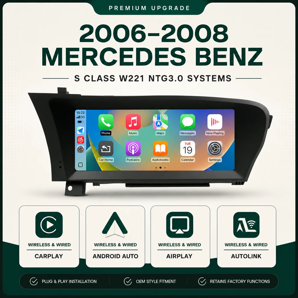 CarPlay inalámbrico y Android Auto para Mercedes Benz Clase S W221 NTG3.0/3.5 BT Pantalla táctil multimedia de 10.25 pulgadas 4
