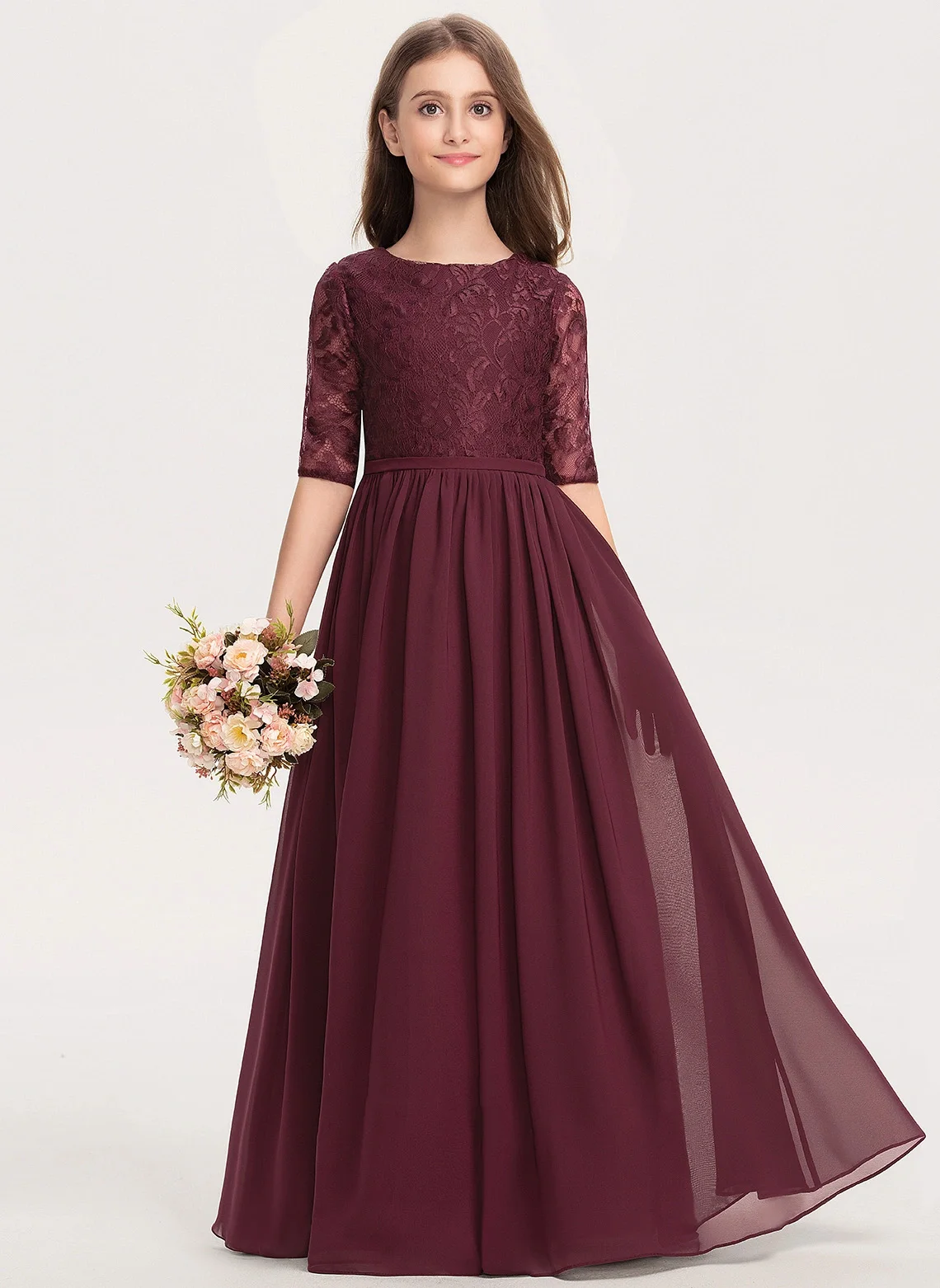 Flower Girl Dresses A-line Scoop Floor-Length Chiffon Lace Junior Bridesmaid Dress With Pleated First Communion Dress