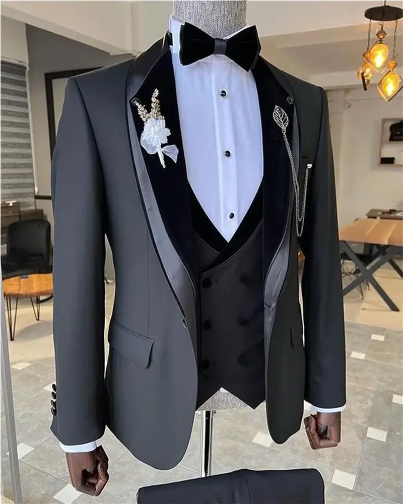 

Dark Grey Suits For Men Slim Shawl Lapel Groom Wedding Tuxedo Blazer Business Casual One Buttton Male Wear Cuatom Made Suit 3Pcs