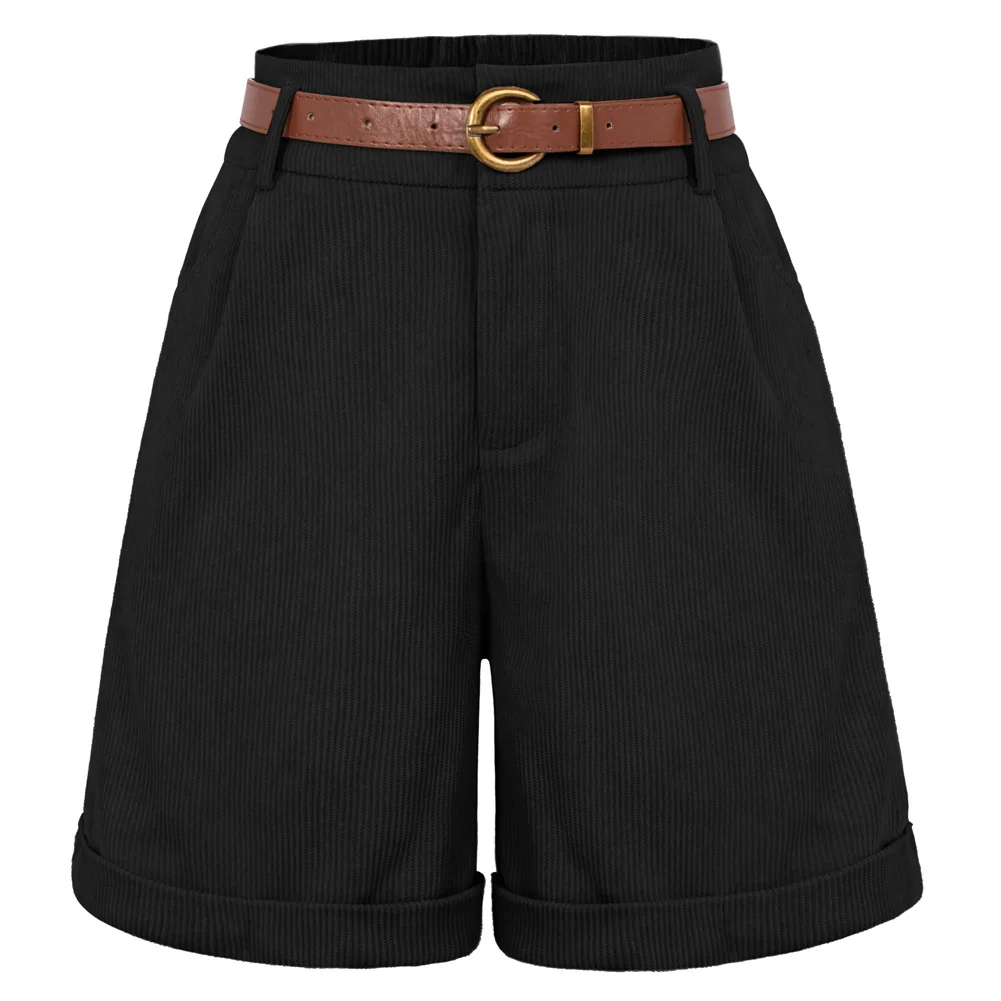 

Belle Poque Women Vintage Corduroy Shorts With Belt Summer Elastic High Waist Wide Leg Short Pants Elegant Lady Bermuda Shorts