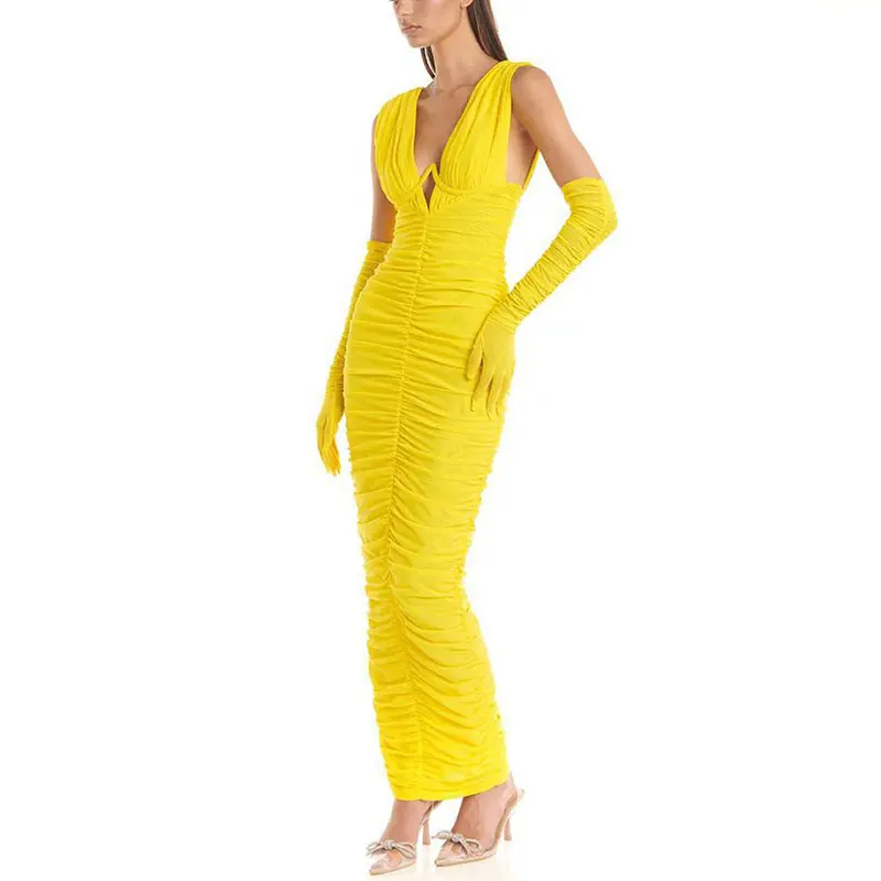 

CODROK Yellow High Quality Women'S Sexy Sleeveless V-Neck Hollowed Out Pleated Maxi Dress Elegant Celebrity Party Club Dress