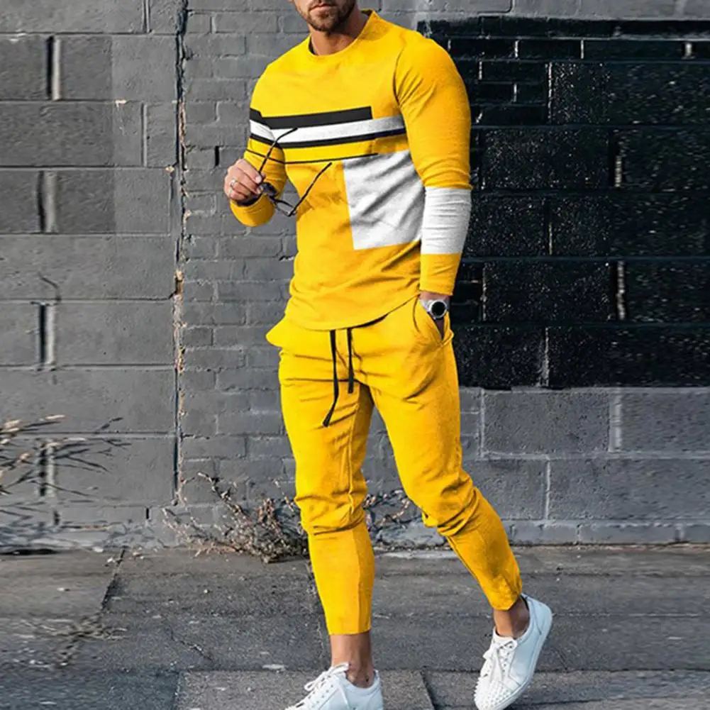 

2Pcs/Set O-neck Long Sleeve Men Outfit Mid-rise Elastic Waistband Pockets Sweatshirt Pants Set 3D Print Top Jogging Pants Set