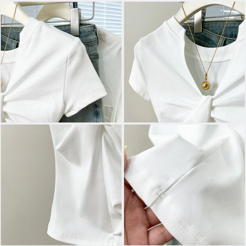 تي شيرت صيفي نسائي جديد موديل 2025 برقبة على شكل حرف v ملابس خروج نسائية بيضاء على الموضة 100% قطن أسود تي شيرت للصيف 6