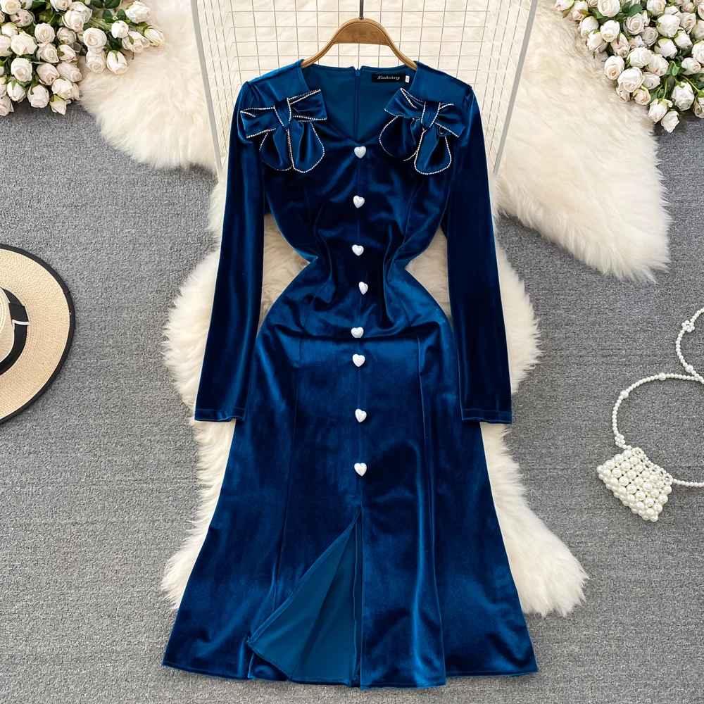 

High-quality Bow V-neck Gold Velvet Dress Autumn and Winter Light Luxury Temperament Ladies Dress Long Skirt