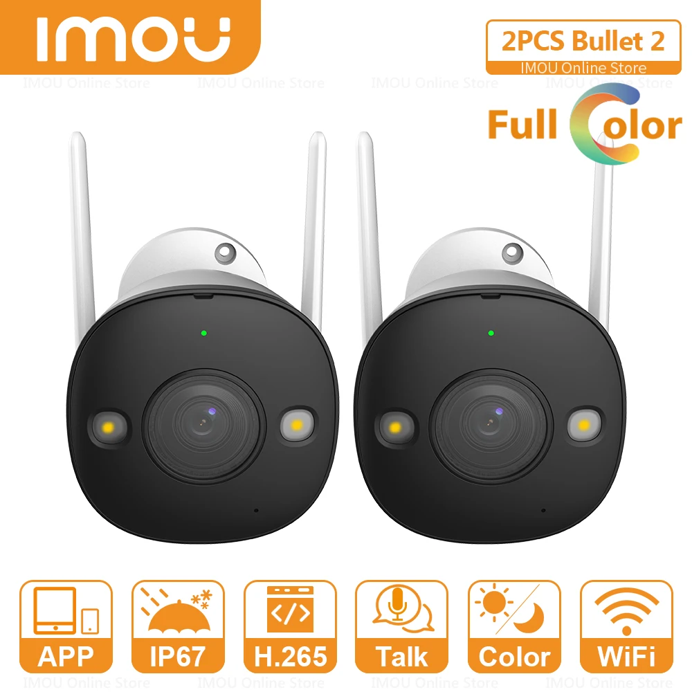 

IMOU 2pcs Bullet 2 IP Cameras Wifi Outdoor 1080P Full-Color Night Vision WiFi IP Camera IP67 Two-way Talk Human Detection Camera