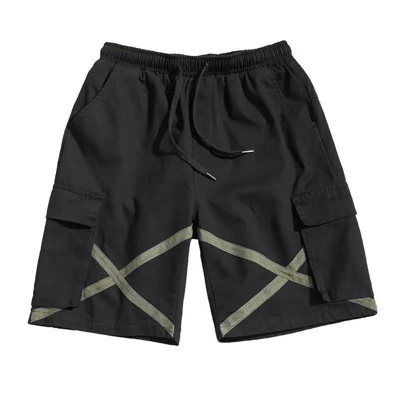 Summer Solid Color Fashion Elastic Waist Straight Pants Man High Street Casual Loose Pocket Drawstring Printing Cotton Shorts