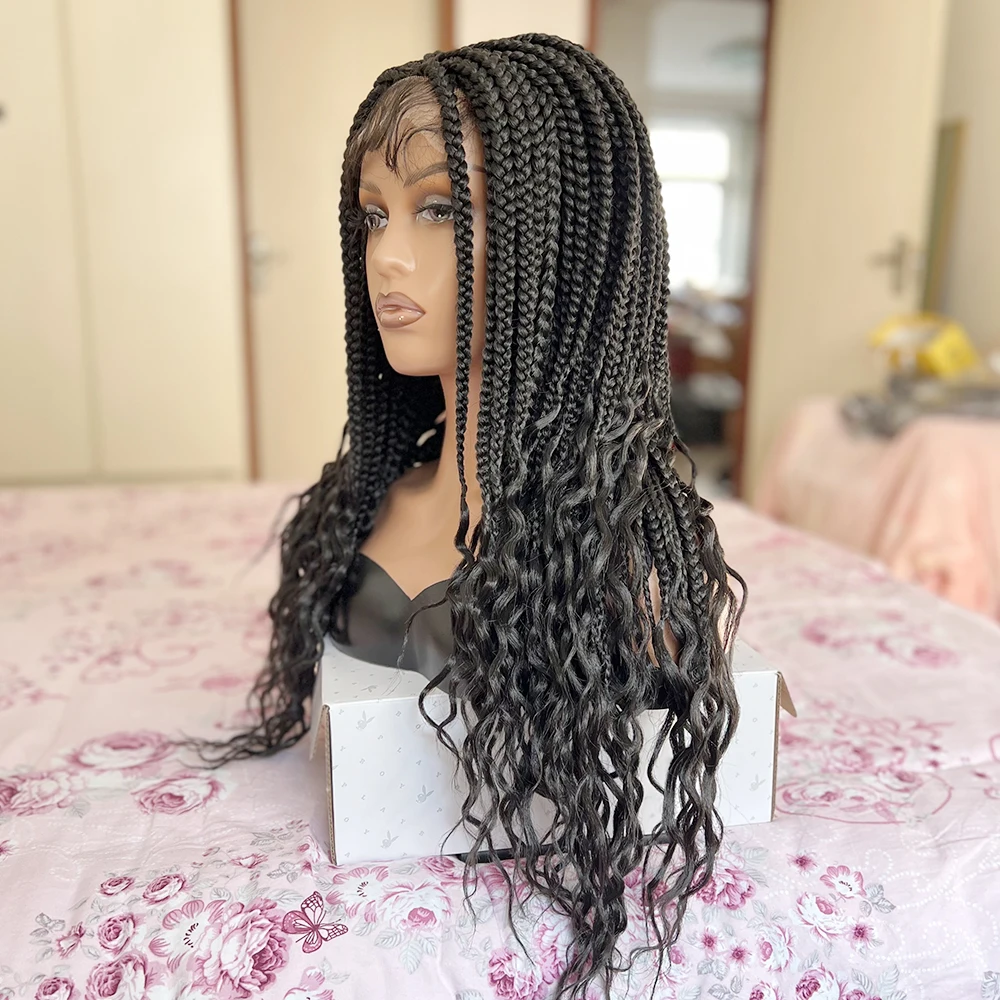 

4x4 Closure Box Braid Wig with Curly End African Synthetic Braided Wigs for Women Lace Front Heat Resistant Braiding Hair Wig