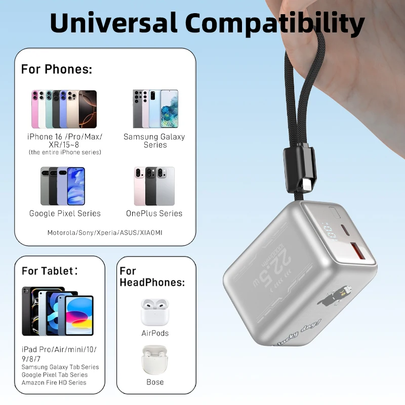 Power Bank da 10000mAh con Ricarica Rapida PD 22.5W, Caricabatterie Portatile con Cavo USB-C Integrato, Batteria Esterna per iPhone Xiaomi Samsung - Image 6