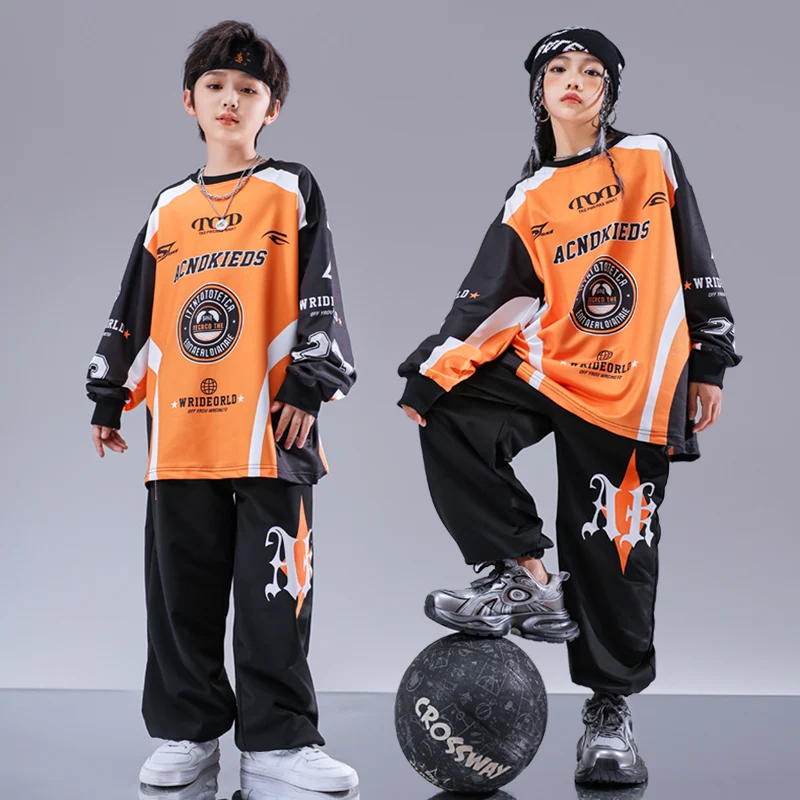 Boys Hip Hop Oversize Sweasthirt Solid Cargo Pants Girls Street Dance Joggers Child Sport Uniform Clothes Sets Kids Jazz Costume