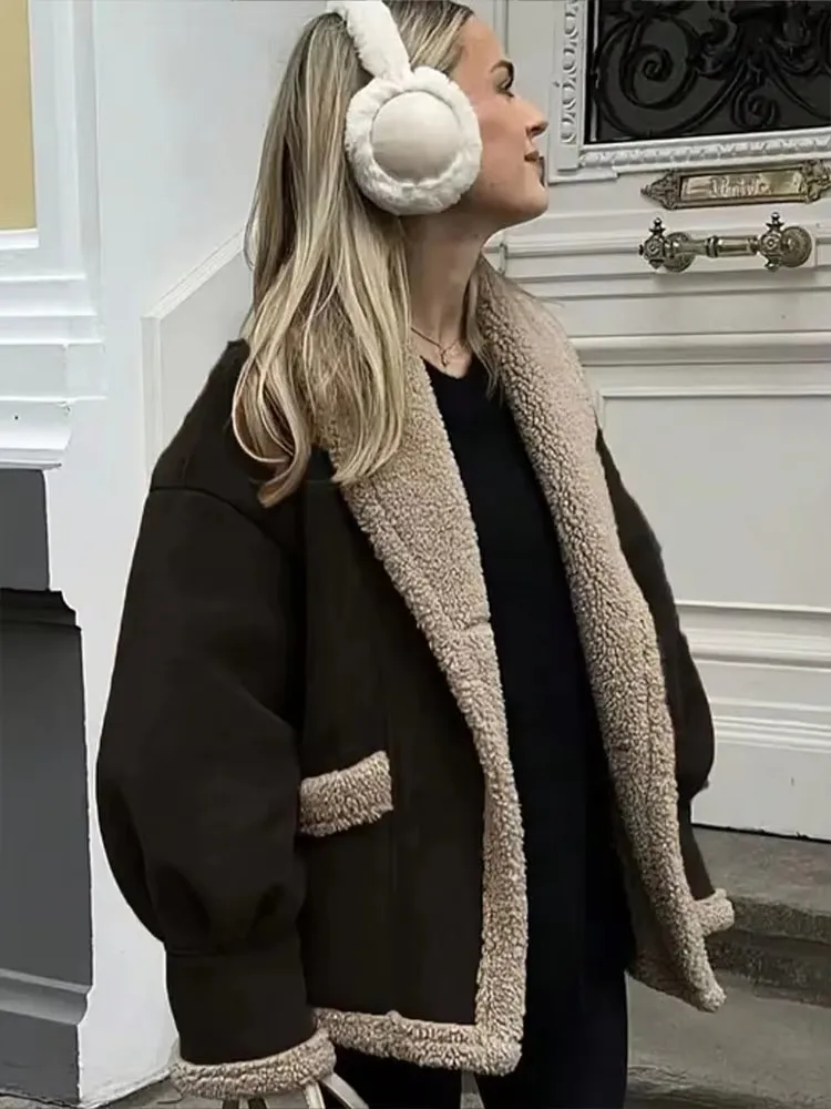 HH Women Casual Fleece Lined Warm Jacket Autumn Winter Coat V Neck Long Sleeve Jackets Loose Outfit Outerwear