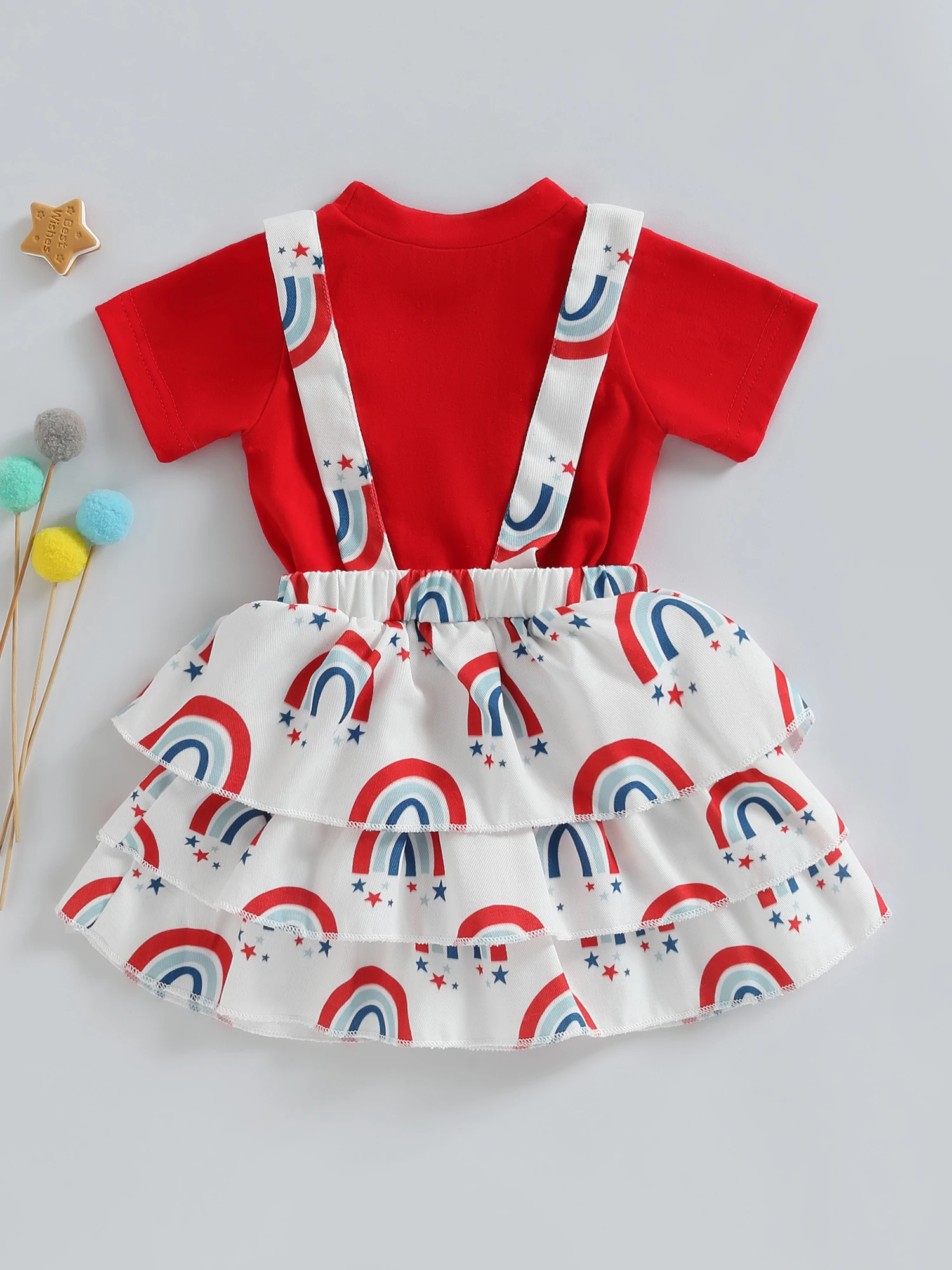 

Independence Day Infant Girls Clothes Red Crew Neck Romper Rainbow Stars Print Ruffles Straps Skirts 2Pcs Sets