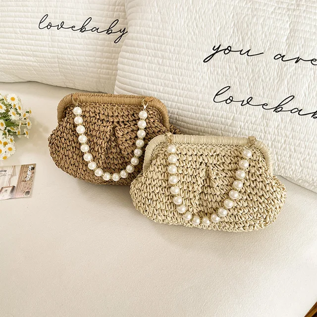 Pearl Handle Straw Handbag Magnetic Boho
