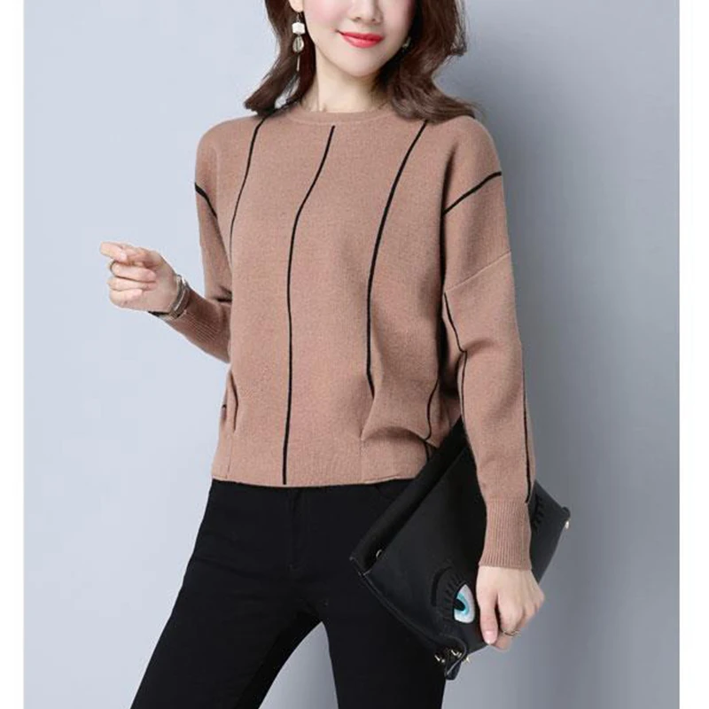 

Autumn Winter Round Neck Batwing Sleeve Sweater Ladies Loose Casual Fashion Striped All-match Knitting Top Women Simple Jumpers