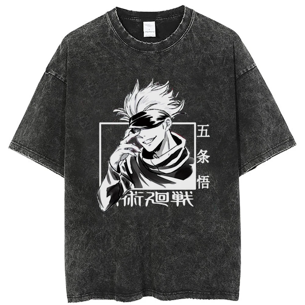 Anime Jujutsu Kaisen Washed T-shirts Summer Vintage 100% Cotton T Shirt Unisex Harajuku Casual Tees Loose Streetwear Tops