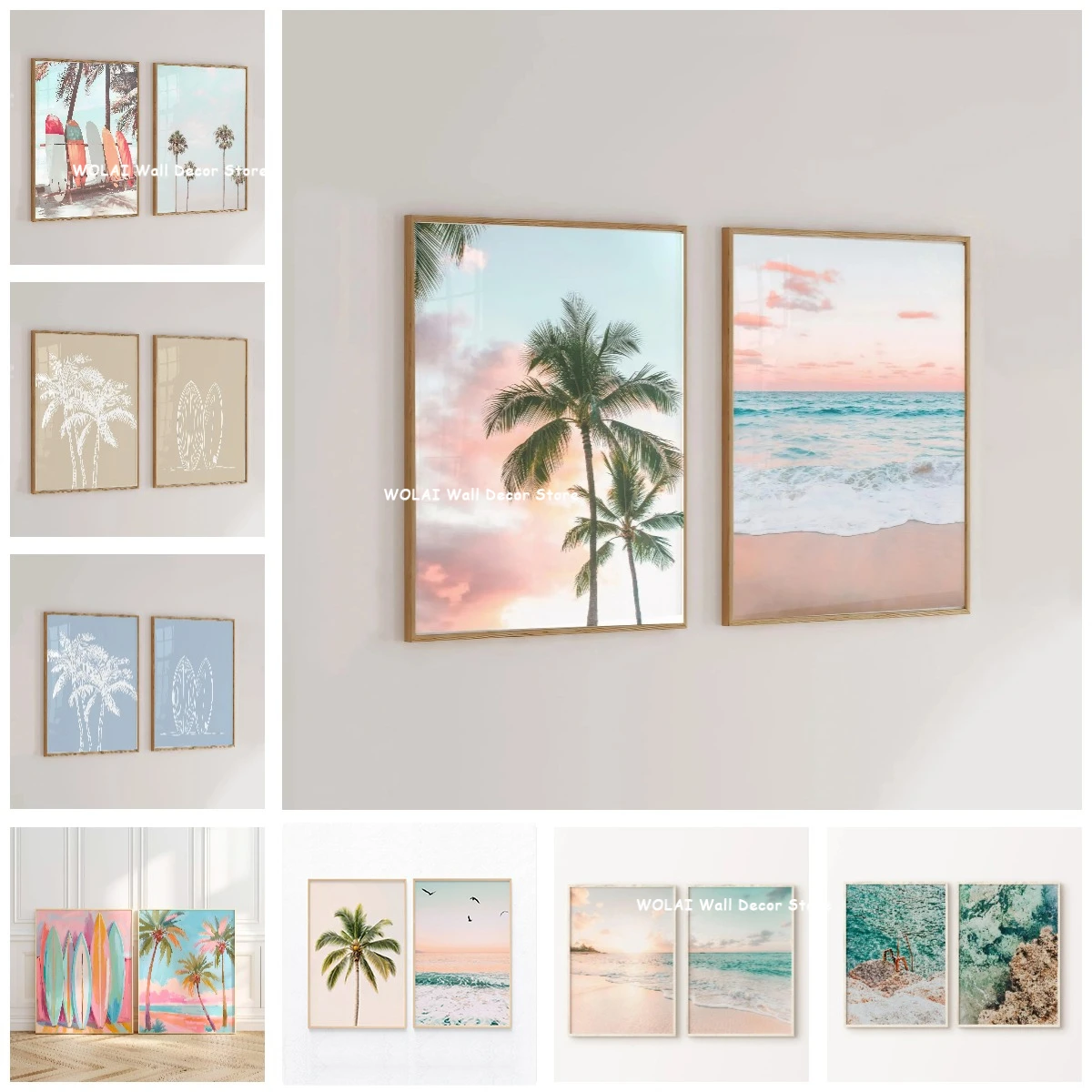 2pcs/set Pastel Beach Surfing Coastal Canvas Printing Soft Ocean Palm Tree Tropical Wall Art Poster for Modern Summer Home Decor 1