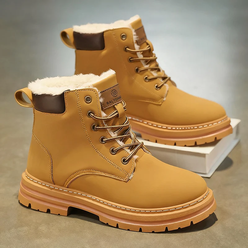 Men's Heavy-Duty Winter Snow Boots with Thick PU Sole & PVC Traction - Short Round-Toe Lace-Up Booties for Ice, Snow,, Outdoor - - 5