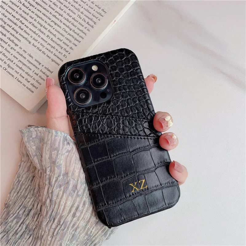 Estojo Dourado e Prateado Personalizado Luxuoso com Letras Iniciais Suporte de Cartão de Couro para Iphone 14 13 12 11 Pro xs Max xr Plus pu Covers - Image 2