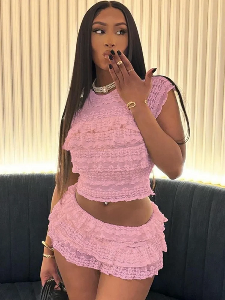 Wmstar Two Piece Shorts Sets 2025 Wholesale Sexy Sweet Solid Color Hollow Out Slim Pleated Shorts Suit Drop Shopping New Summer