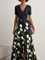 Yeezzi 2025 New Women's Elegant Floral Printed V-neck Shirts Dress Short Sleeves Split-Front A-Line Party Evening Maxi Dresses - Image 2