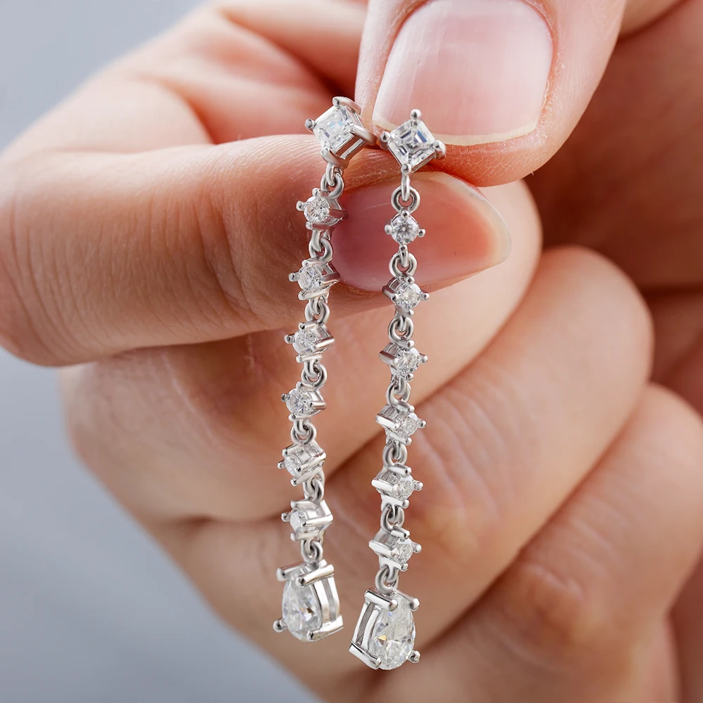 여성을위한 배 컷 Moissanite 드롭 귀걸이 랩 다이아몬드 긴 교수형 귀걸이 신부 웨딩 쥬얼리 GRA