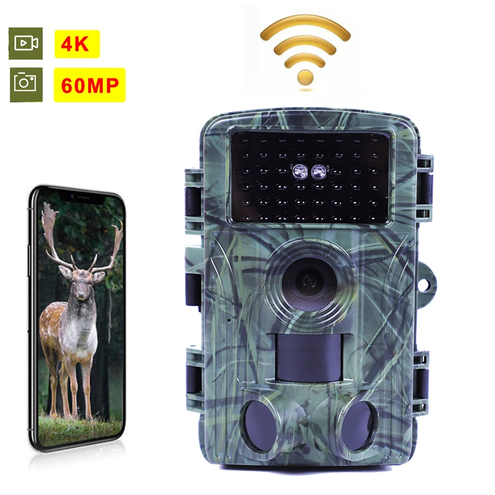 야외 야생 동물 모니터링용 야간 투시 방수 사냥 카메라, 4K 와이파이 60MP 트레일 카메라, 2 인치 스크린