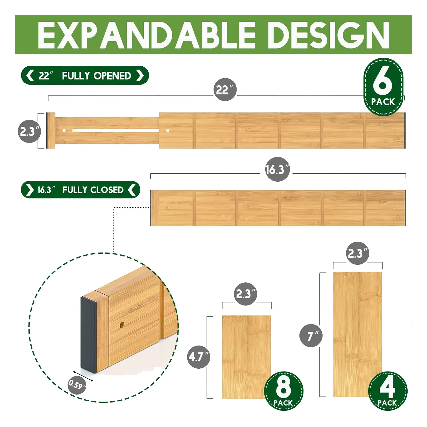 Separadores de cajones de bambú ajustables, organizador de cajones de cocina expandible, 12 inserciones, 16,3-22 pulgadas, 6 unidades