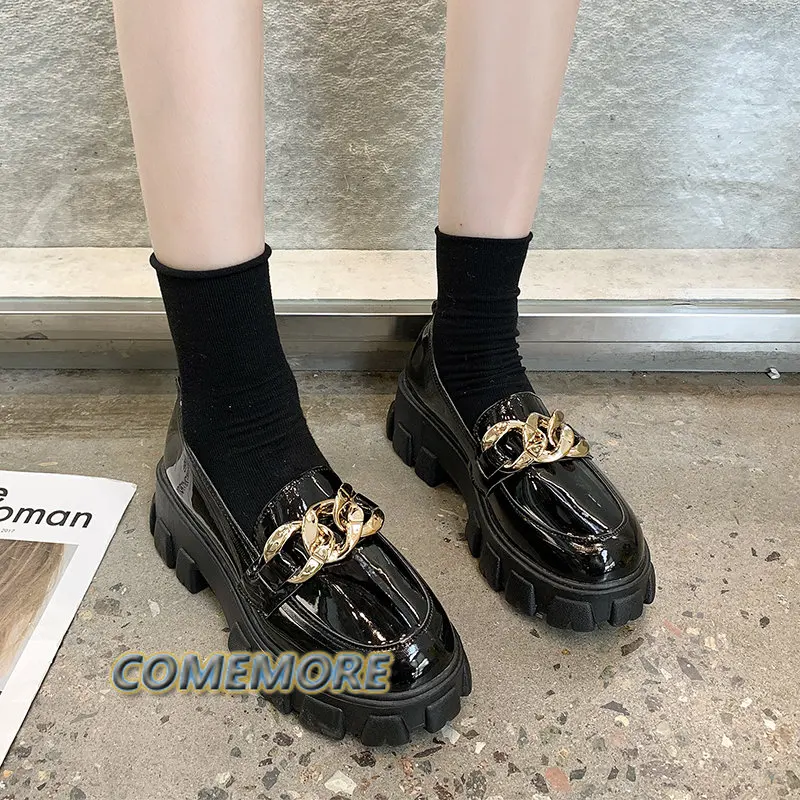 Women Mary Janes Platform Shoes Round Foot Spring Metal Chain Designer Casual Leather PU Oxfords Slip on Loafers
