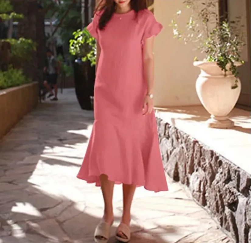 

New Women Cotton Linen Dress Korean Oversized Long Dresses Y2k Solid Ruffles Vintage Clothes Bohemian Streetwear Robe Платье
