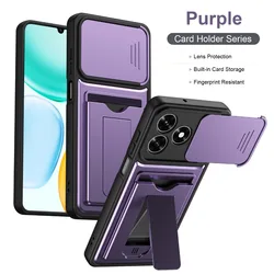 Slide Camera Cover Phone Case with Card Holder and Invisible Stand - Honor X6d (Purple)