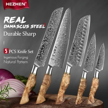 HEZHEN 1-5PC Set di coltelli professionale in acciaio di Damasco Chef Santoku Pane Utility Paring Coltello da cucina per carne Coltello da cucina affilato 1