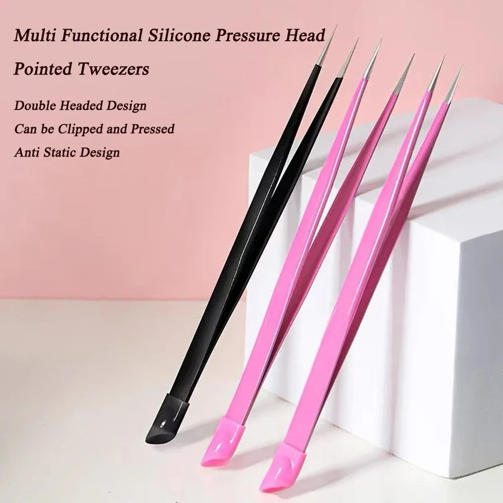 DoubleSlant Tip Headed Tweezers Stainless Steel Black/Pink Makeup Tool Silicone Press Head For Nail Stickers Eyelashes Tweezers