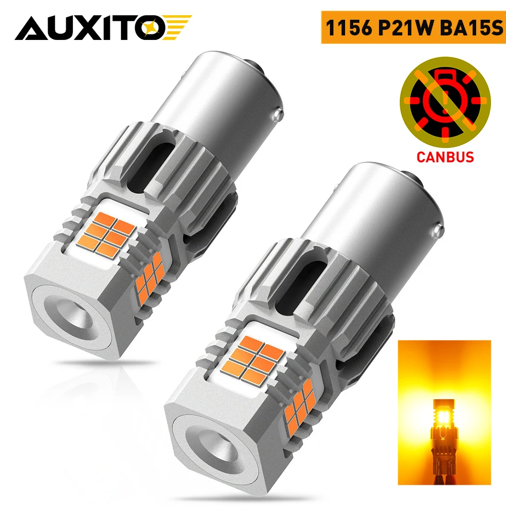 AUXITO 하이퍼 플래시 1156 없음, BA15S LED 전구, 캔버스 자동차 방향 지시등, 앰버, 도요타 코롤라 캠리 폭스바겐 골프 BMW용, 2 개